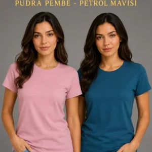 Basic Bisiklet Yaka Yazlık Slim Fit T-Shirt - Pudra Pembe - Petrol Mavi