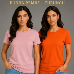 Basic Bisiklet Yaka Yazlık Slim Fit T-Shirt - Pudra Pembe - Turuncu