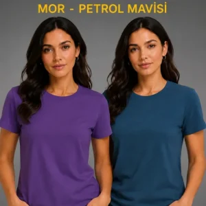 Basic Bisiklet Yaka Yazlık Slim Fit T-Shirt - Mor - Petrol Mavisi