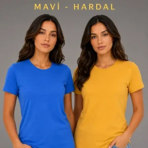 Basic Bisiklet Yaka Yazlık Slim Fit T-Shirt - Mavi - Hardal Sarısı