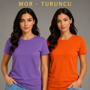 Basic Bisiklet Yaka Yazlık Slim Fit T-Shirt - Mor  - Turuncu