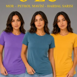 3’lü Kısa Kollu Bisiklet Yaka Basic Slim Fit T-Shirt - Mor - Petrol Mavisi - Hardal