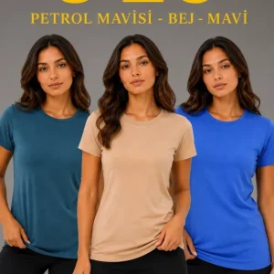 3’lü Kısa Kollu Bisiklet Yaka Basic Slim Fit T-Shirt -Petrol Mavisi  - Bej - Mavi