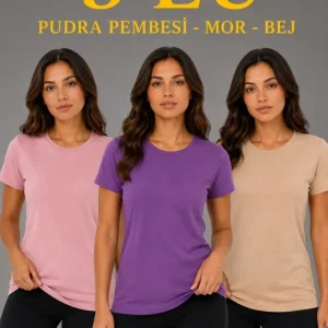 3’lü Kısa Kollu Bisiklet Yaka Basic Slim Fit T-Shirt - Pudra Pembe - Mor - Bej