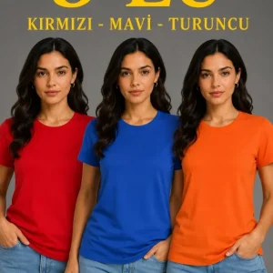 3’lü Kısa Kollu Bisiklet Yaka Basic Slim Fit T-Shirt - Kırmızı - Mavi - Turuncu