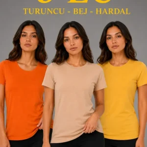 3’lü Kısa Kollu Bisiklet Yaka Basic Slim Fit T-Shirt - Turuncu - Bej - Hardal
