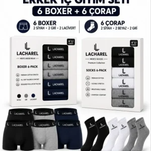 Erkek 12li İç Giyim Seti Pamuklu 6 Boxer 6 Çorap Çoklu Paket - Siyah - Lacivert - Gri - Beyaz
