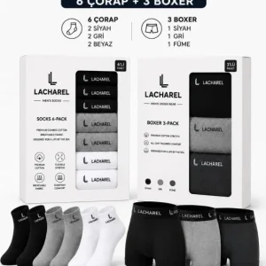 Erkek 9Lu İç Giyim Seti Pamuklu 3 Boxer 6 Çorap Çoklu Paket - Siyah - Füme - Gri - Beyaz