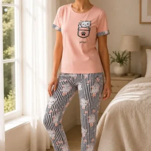 Alternative view of Pamuklu Penye Kedi Baskılı Kısa Kollu Bisiklet Yaka Çizgili Pijama Takımı - Pudra