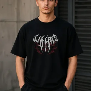 Erkek Gotik Yazı Baskılı Oversize Bisiklet Yaka T-Shirt - Siyah