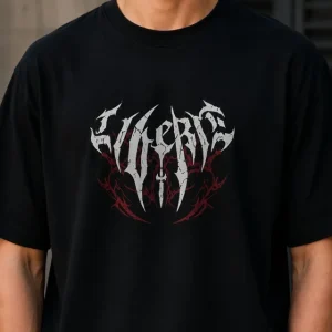 Alternative view of Erkek Gotik Yazı Baskılı Oversize Bisiklet Yaka T-Shirt - Siyah