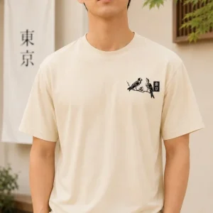 Alternative view of Erkek Ön Ve Arka Tokyo Kuş Çiçek Baskılı Oversize T-Shirt - Ekru