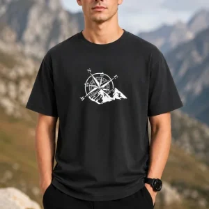 Erkek Outdoor Pusula Dağ Baskılı Kısa Kollu Oversize T-Shirt - Siyah