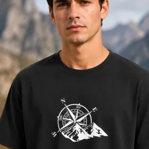 Alternative view of Erkek Outdoor Pusula Dağ Baskılı Kısa Kollu Oversize T-Shirt - Siyah