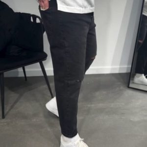 Erkek Siyah Dizi Yırtık Boyfriend Jean