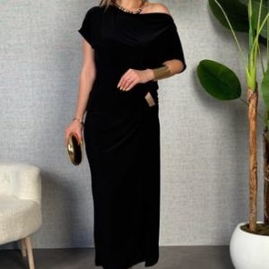 Kadın Kısa Kollu Tek Omuzdan Açık Beli Lastikli Sandy Maxi Elbise