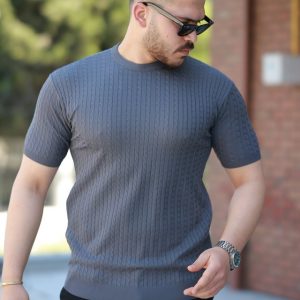 Erkek Bisiklet Yaka örgü Desenli Kısa örme Triko Kısa Kollu T-shirt