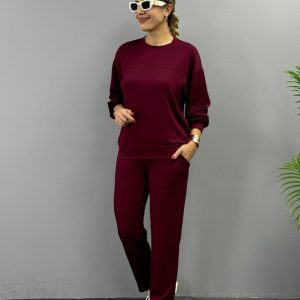 Kadın Uzun Kollu Bisiklet Yaka Viskon Iki Iplik Bluz Ve Pantolon Ikili Takım
