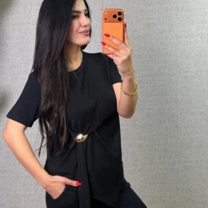 Kadın Kısa Kollu Bisiklet Yaka Yandan Toka Detaylı Viskon Iki Iplik Bluz Ve Pantolon Ikili Takım