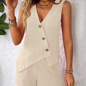 Kadın Askılı önü Düğmeli Asimetrik Detaylı Bluz Ve Astarlı Short Ikili Takım
