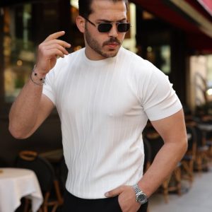 Erkek Çizgi Kabartmalı Kısa Kollu Triko Tişört