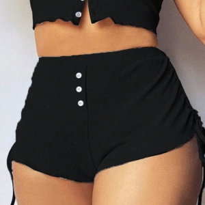 Alternative view of Kadın Ip Askılı Crop Bluz Ve Yanlardan Büzgülü Ikili Kaşkorse Short Takım