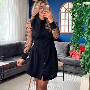 Kadın Uzun Kollu Yakalı Düğmeli Mini Ithal Krep Elbise