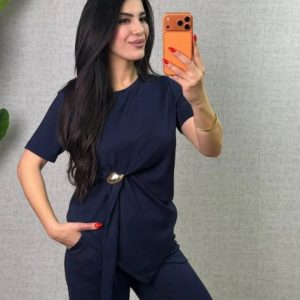 Kadın Kısa Kollu Bisiklet Yaka Yandan Toka Detaylı Viskon Iki Iplik Bluz Ve Pantolon Ikili Takım