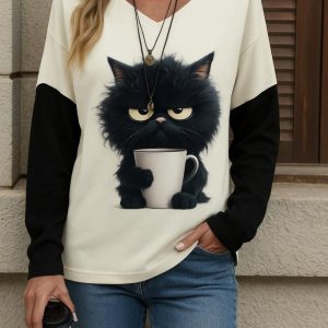 Kadın Uzun Kollu V Yakalı Kedi Baskılı şardonlu Dalgıç Bluz