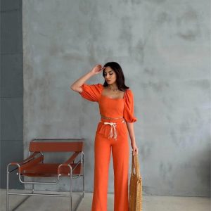 KETEN CROP KARPUZ KOL BLUZ-PANTOLON HASIR KEMERLİ - Orange