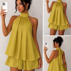 Kadın Halter Yaka Volan Detaylı Mini Elbise