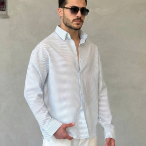 Erkek İnce Çizgili Gofre Kumaş Rahat Kalıp Gömlek