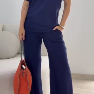 Kadın Kısa Kollu Bisiklet Yaka Viskon Iki Iplik Bluz Ve Pantolon Ikili Takım