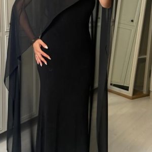 Kadın Transparan Pelerin Detay Askılı Maxi Boy Elbise