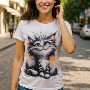 Alternative view of Kadın Kısa Kollu Bisiklet Yaka Kedi Baskılı Süprem Bluz