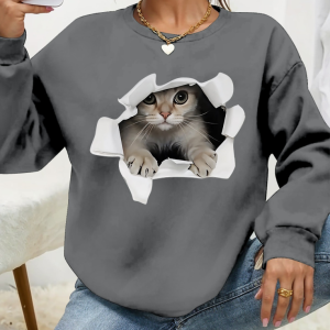 Kadın Uzun Kollu Bisiklet Yaka Kedi Desenli Viskon Iki Iplik Bluz
