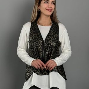 Alternative view of Kadın Yılan Desen Fermuar Detay Yelek Ve Asimetrik Kesim Bluz Salaş Ikili Takım