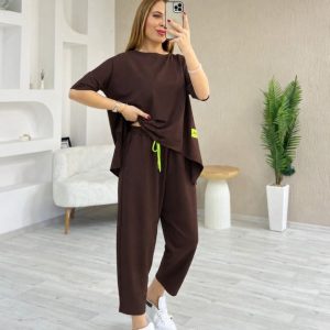Kadın Kısa Kollu Bisiklet Yaka Viskon Iki Iplik Bluz Ve Pantolon Ikili Takım