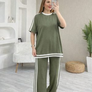 Kadın Kısa Kollu Bisiklet Yaka çift Renk şerit Detaylı Viskon Iki Iplik Bluz Ve Pantolon Ikili Takım