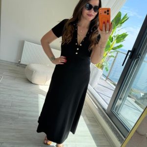 Kadın Kısa Kollu Iki Tarafı Düğme Detaylı Uzun Modal Elbise